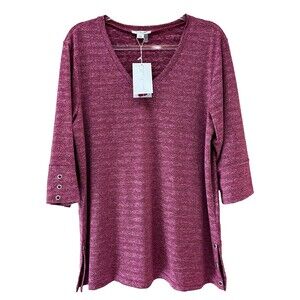 NWT Simply Noelle Womens L/XL Pink Tonal Mesh Stripe V-Neck Layering Top Grommet